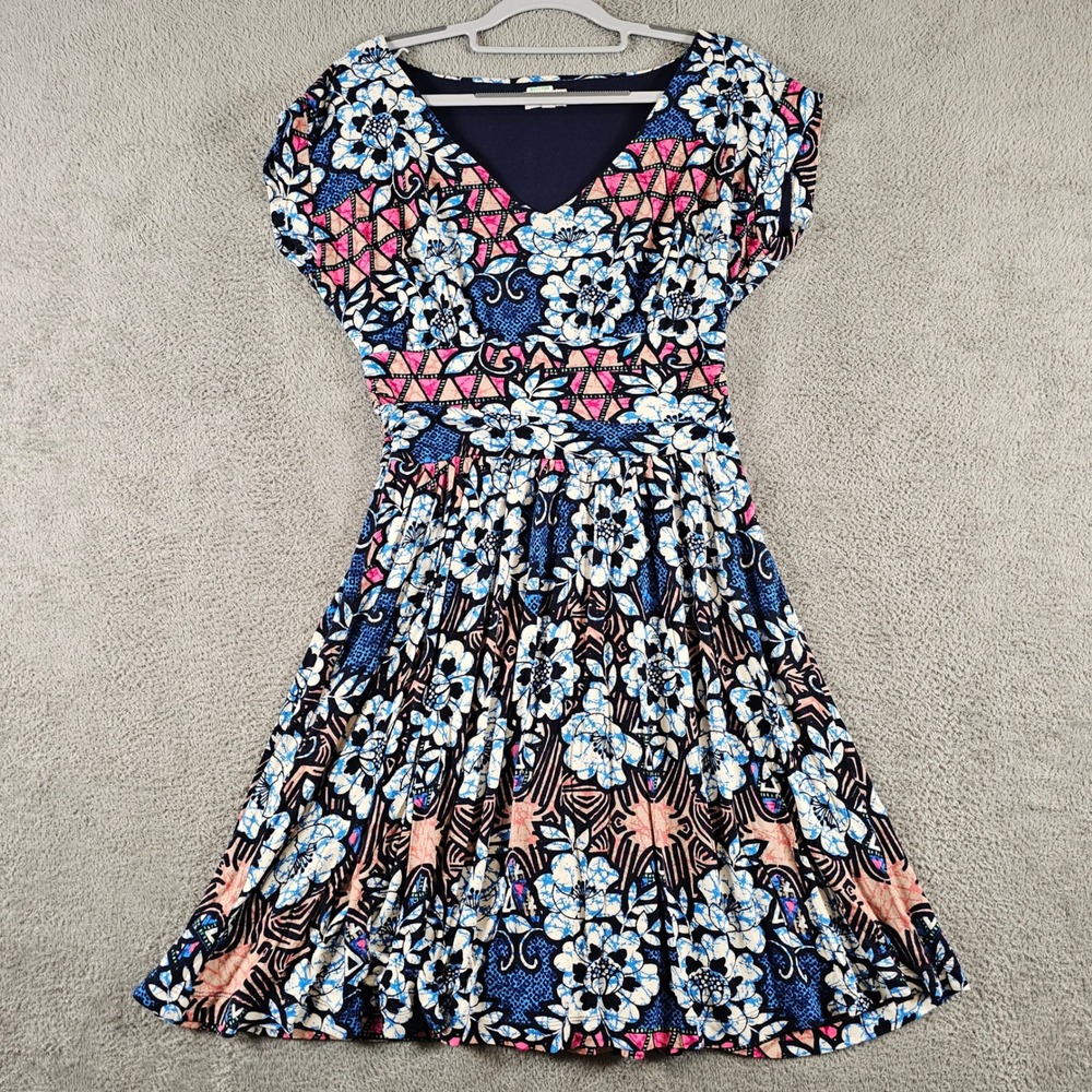 Meadow Rue Anthropologie Floral Geometric Fit Flare Dress Blue Pink Medium
